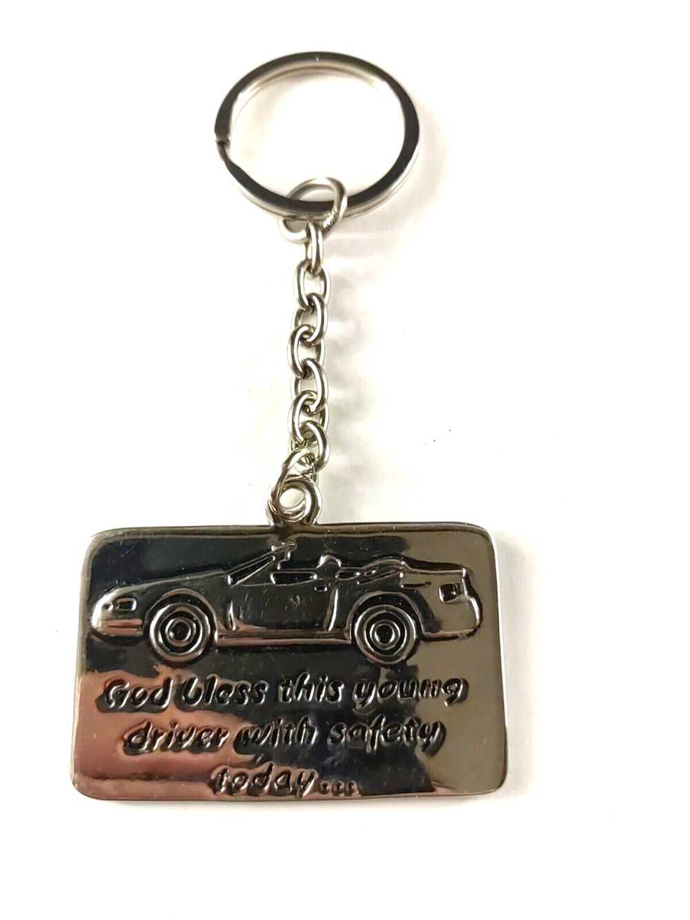 God Bless This Young Driver Silver Tone Keychain